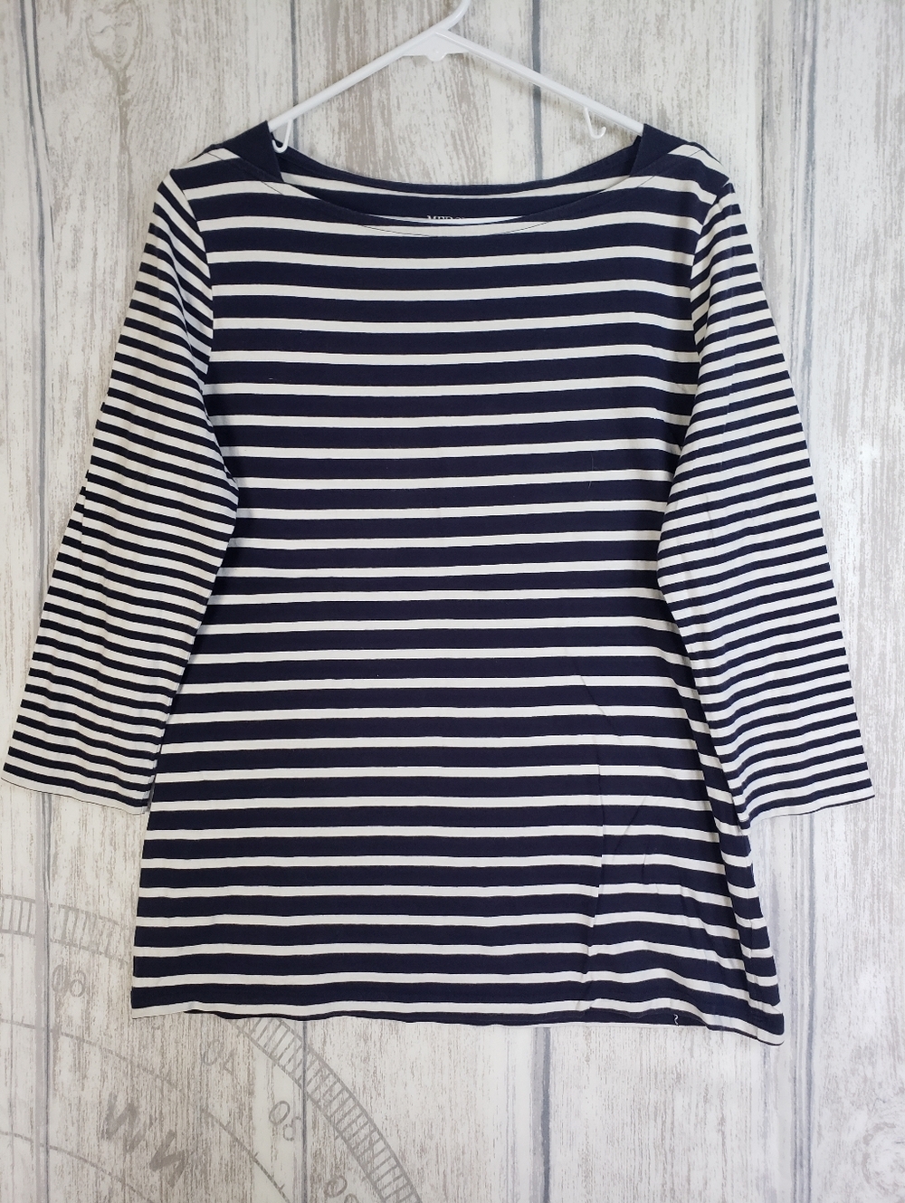 Merona Navy & White Striped Cotton Boatneck Women's Top 3/4 Sleeve Sz Large
